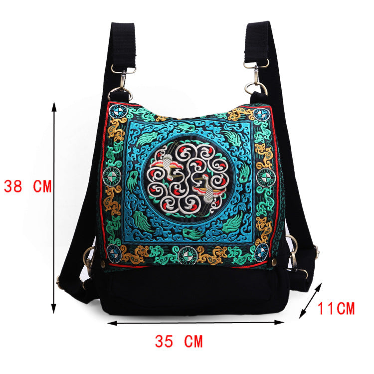New Embroidery Versatile National Style Canvas Retro Travel Backpack Student Schoolbag Women'S Bag