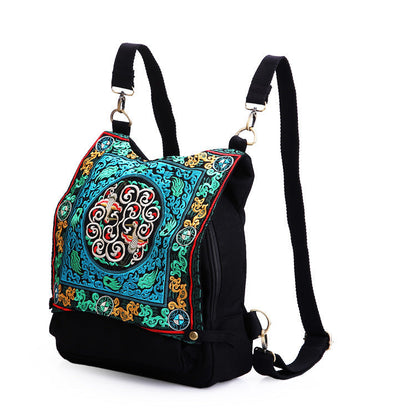 New Embroidery Versatile National Style Canvas Retro Travel Backpack Student Schoolbag Women'S Bag
