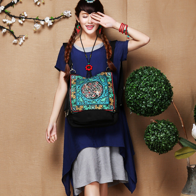 New Embroidery Versatile National Style Canvas Retro Travel Backpack Student Schoolbag Women'S Bag