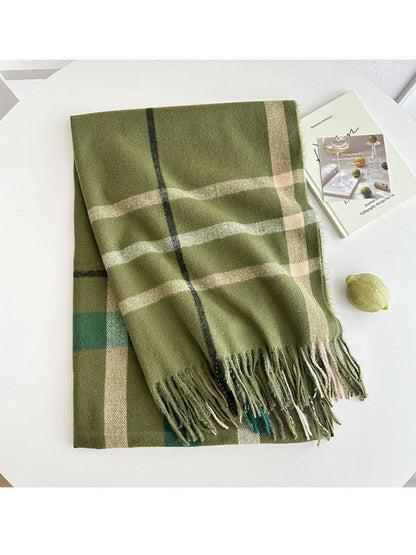 Scarvii - Reversible Color-Block Plaid Scarf with Fringe
