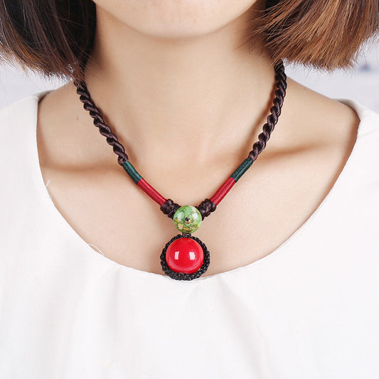 Original National Style Hand-Woven  Buckle Red Ball Women'S Necklace Retro Cotton Hemp Accessory Red Bean Collarbone Chain