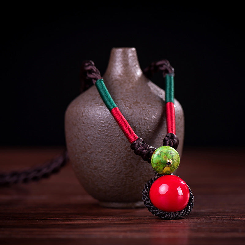 Original National Style Hand-Woven  Buckle Red Ball Women'S Necklace Retro Cotton Hemp Accessory Red Bean Collarbone Chain
