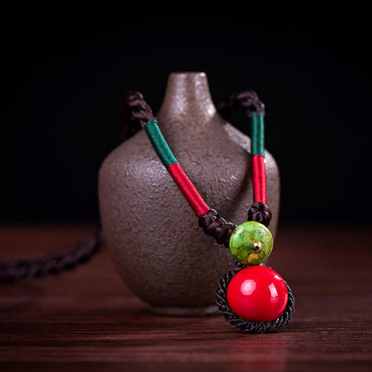 Original National Style Hand-Woven  Buckle Red Ball Women'S Necklace Retro Cotton Hemp Accessory Red Bean Collarbone Chain