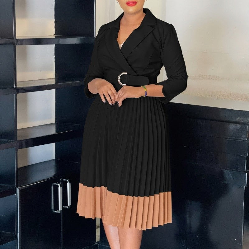 High Waist Pleated Blazer Collar Color Block Dress