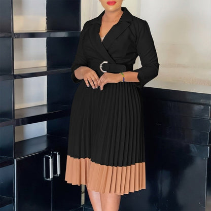 High Waist Pleated Blazer Collar Color Block Dress