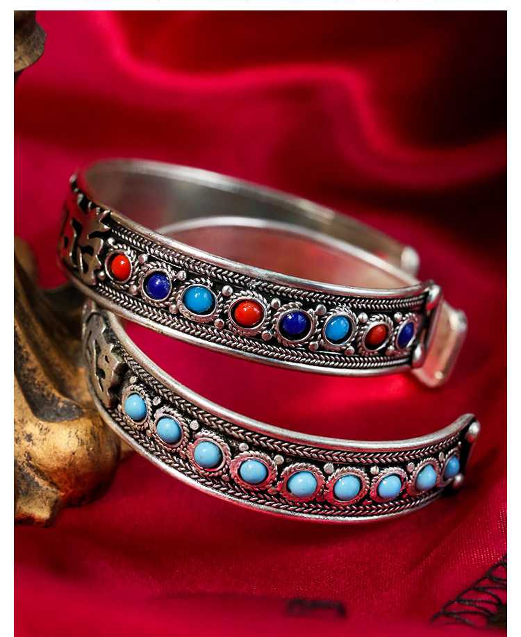 Ethnic Style Nepalese Handmade Jewelry Inlaid With Turquoise Retro Tibetan Jewelry Bracelet, Six-Syllable Mantra