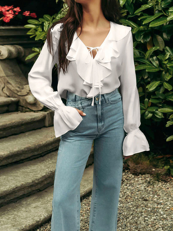 Long Sleeves Loose Falbala Lace-Up Solid Color Split-Joint V-Neck Blouses