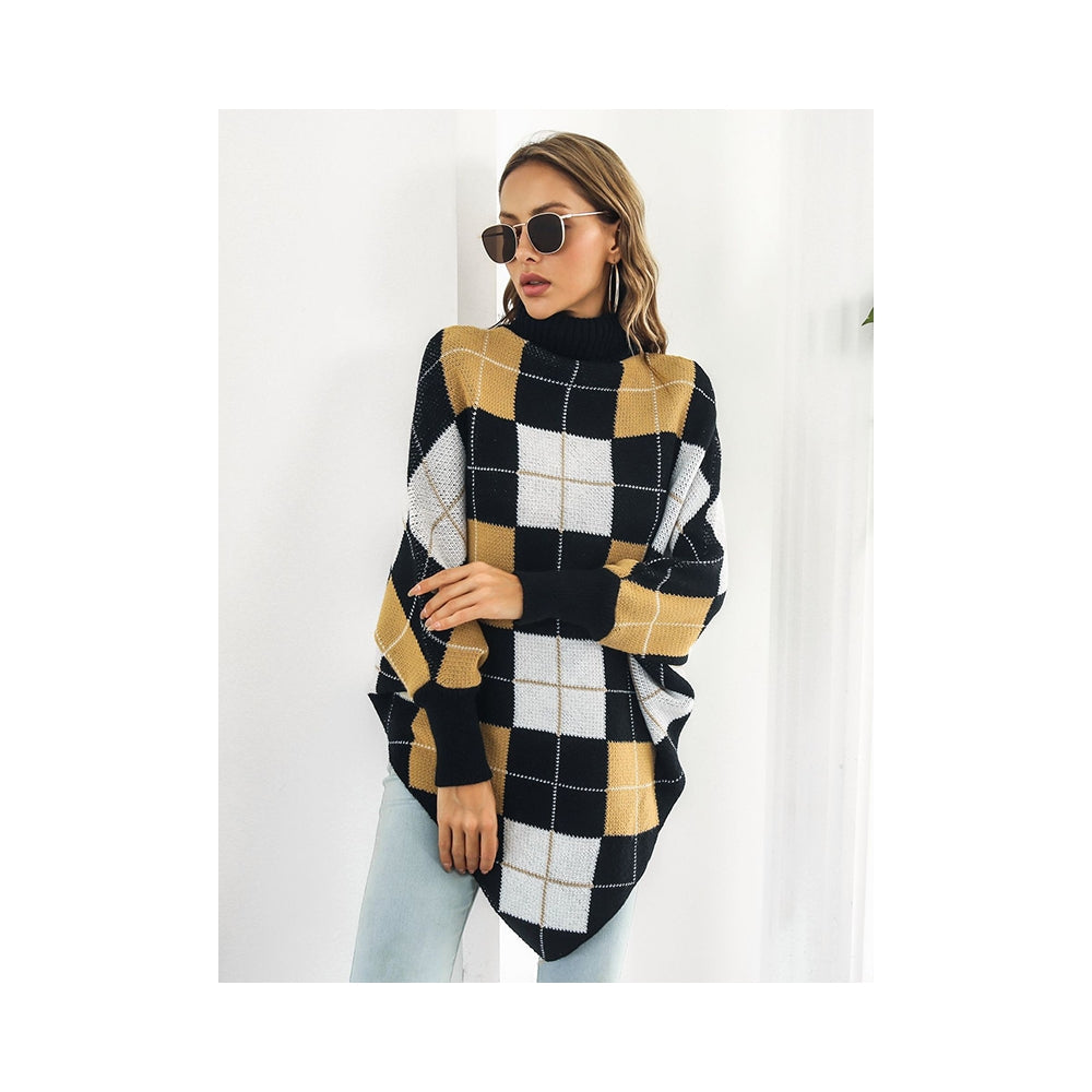 Casual Loose Batwing Sleeves Checkerboard High-Neck Sweater Tops
