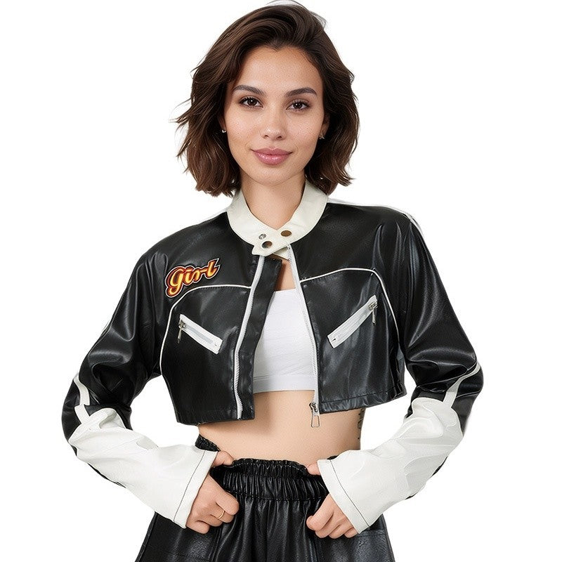 Color Block Crop Biker Jacket