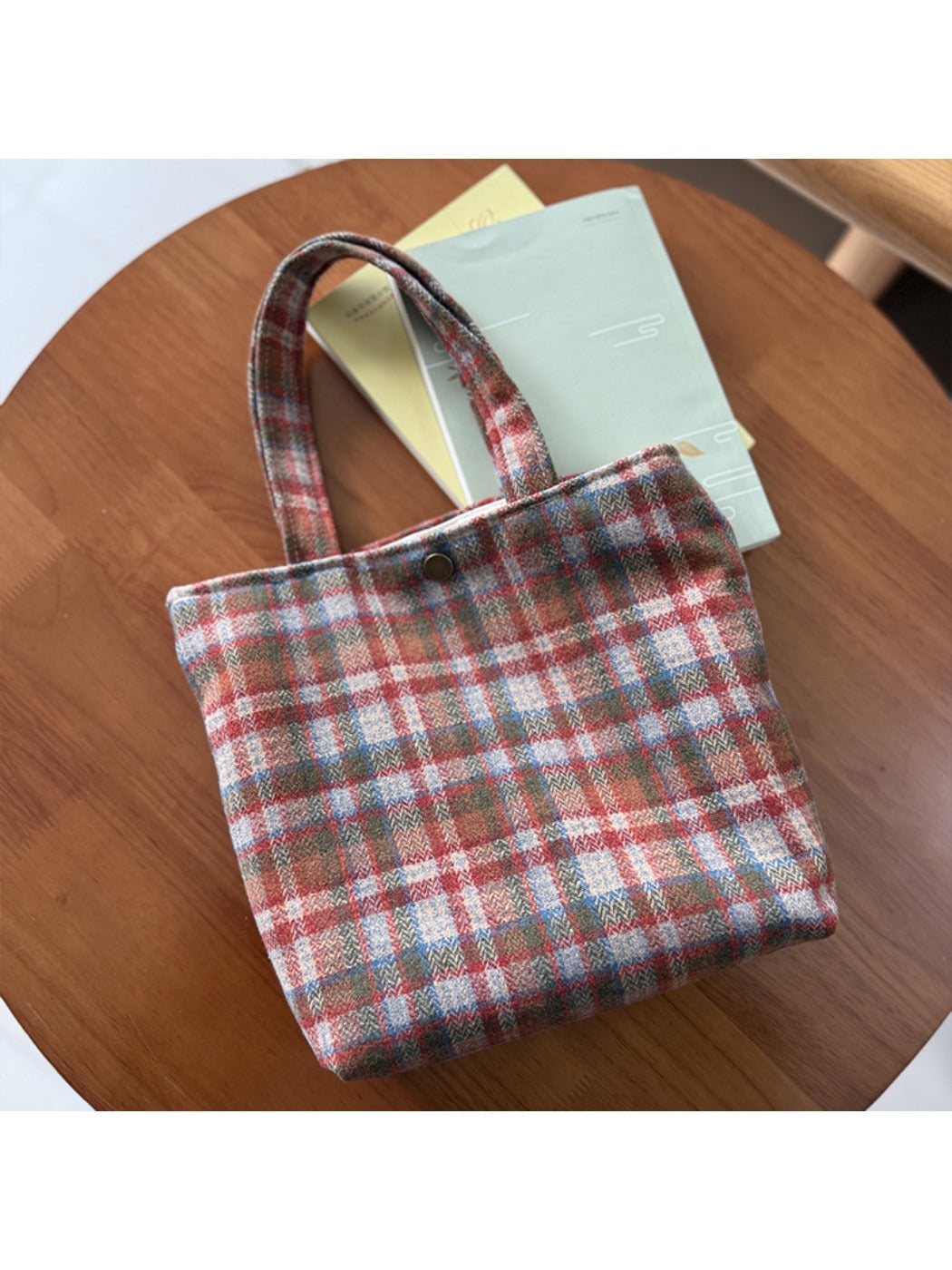 Cosbai - Canvas Shoulder Bag with Orange Plaid Patterns