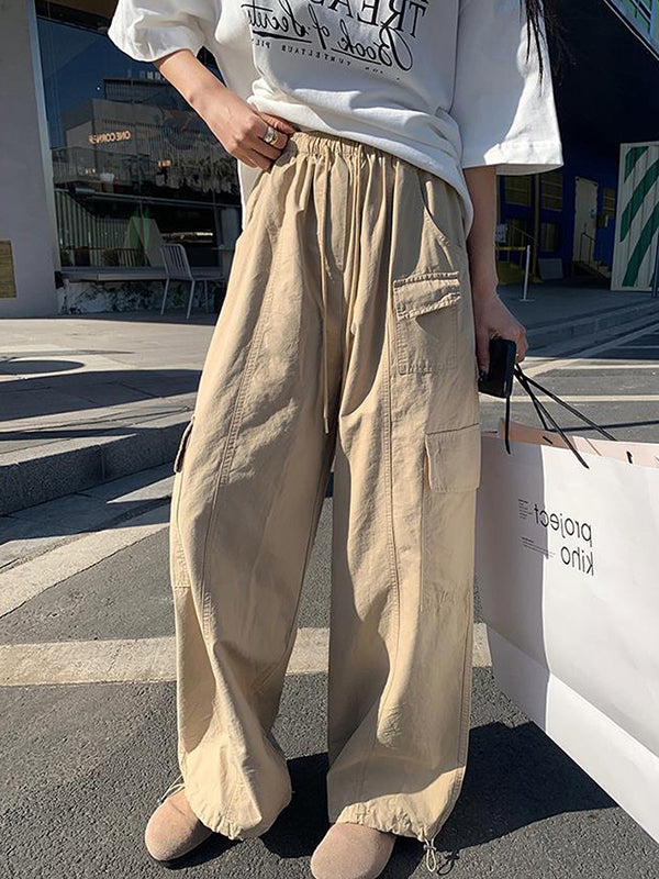 High Waisted Loose Drawstring Elasticity Pockets Solid Color Split-Joint Pants Trousers