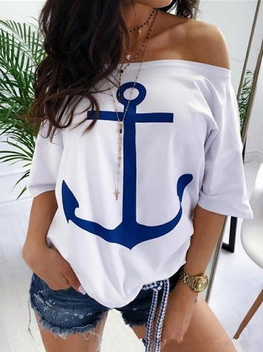 Loose Off Shoulder Printed T-Shirt Top