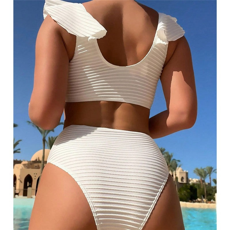 High Waist Solid Color Bikini With V Neck And Ruffle