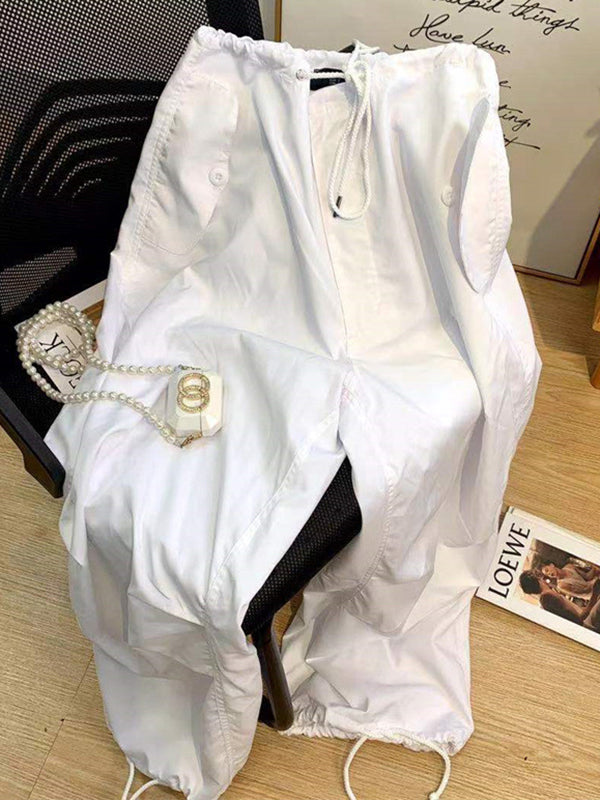 Loose Drawstring See-Through Solid Color Pants Trousers