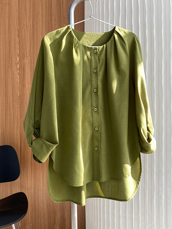 High-Low Loose Pleated See-Through Solid Color Split-Joint Round-Neck Blouses