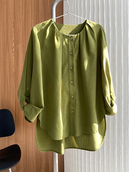 High-Low Loose Pleated See-Through Solid Color Split-Joint Round-Neck Blouses