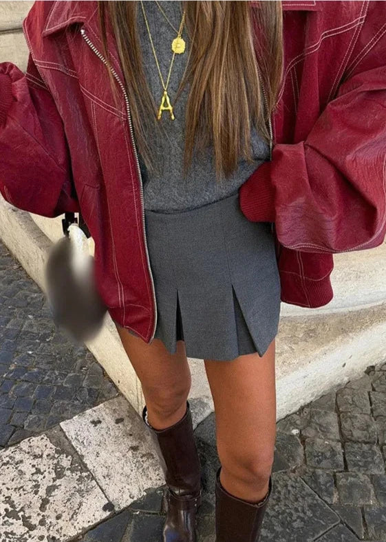 Oversized Zipper Jacket In Wine Red With White Stitching