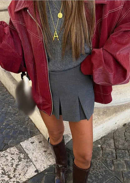 Oversized Zipper Jacket In Wine Red With White Stitching