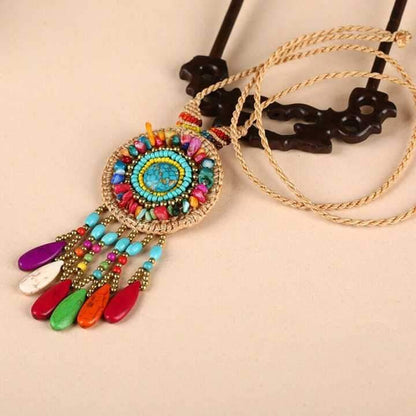 Hand-Woven Folk Style Tibet Turquoise Spike Long Necklace