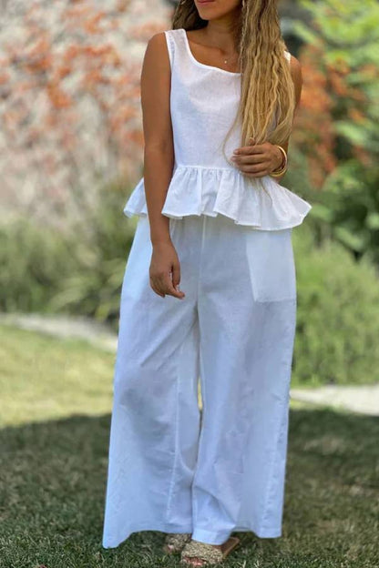 Cotton And Linen Solid Color Sleeveless Top \u0026 Wide Leg Pants Two-Piece Set
