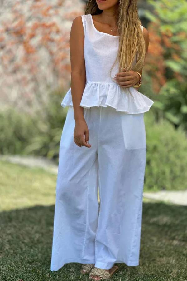 Cotton And Linen Solid Color Sleeveless Top \u0026 Wide Leg Pants Two-Piece Set