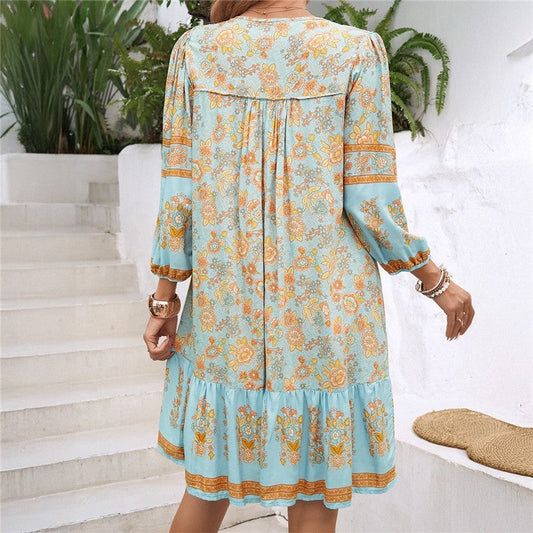 V-Neck Floral Print Ruffle Hem Casual Mini Dress