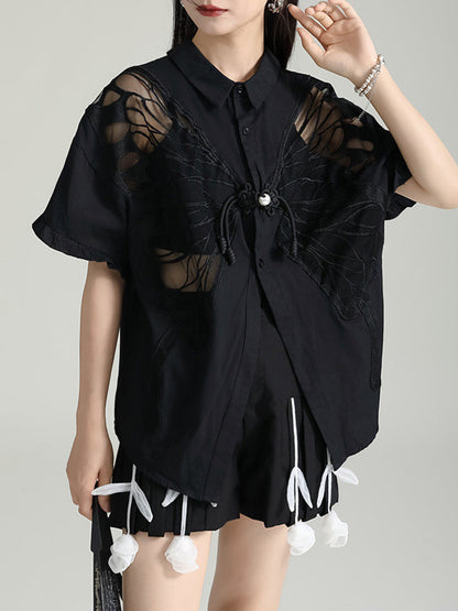 Half Sleeves Loose Buttoned Mesh Reversible See-Through Split-Back Split-Joint Lapel Blouses&Shirts Tops