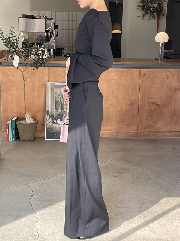 Wide Leg Pockets Solid Color Zipper Casual Pants Bottoms