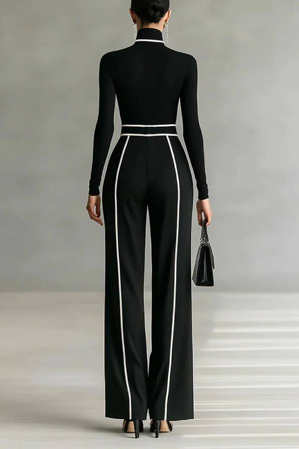 White Trim High-neck Long-sleeved Top With Wide-leg Pants and Belt Set