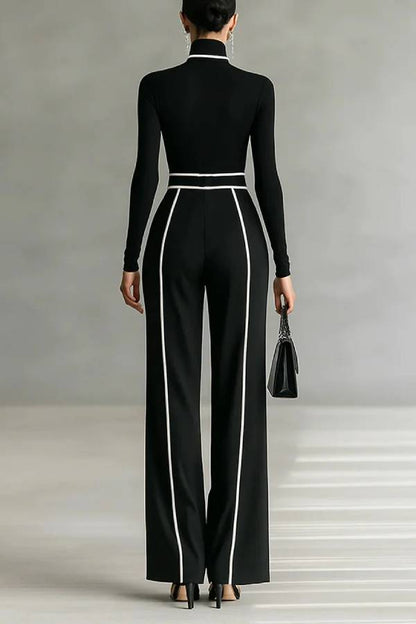 White Trim High-neck Long-sleeved Top With Wide-leg Pants and Belt Set