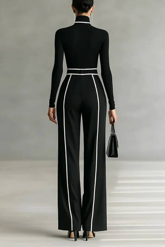 White Trim High-neck Long-sleeved Top With Wide-leg Pants and Belt Set