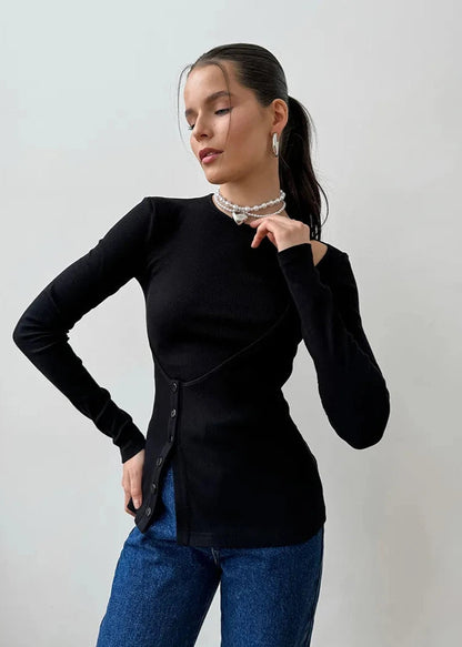 Black Knit Top With Asymmetric Cutout Design