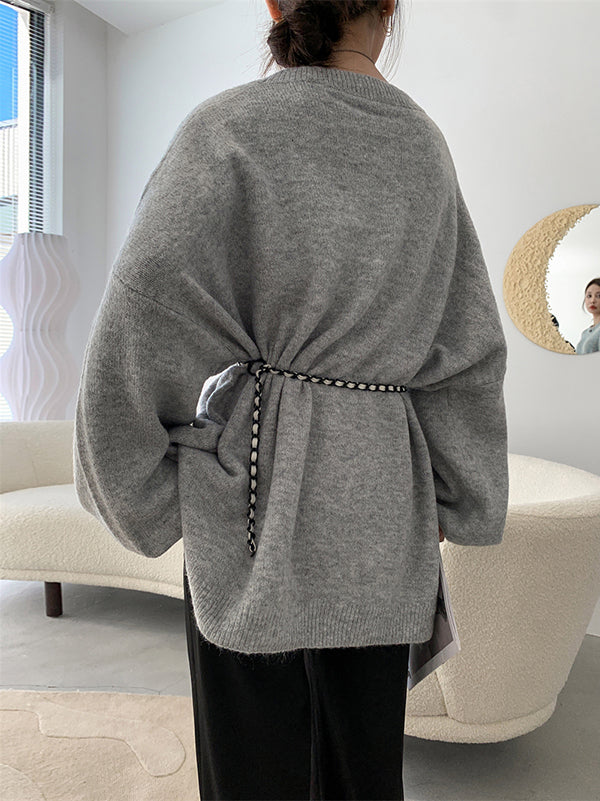 Loose Puff Sleeves Split-Side Solid Round-Neck Sweater Tops