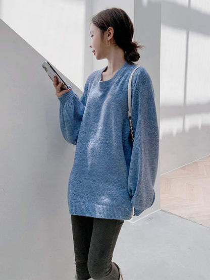 Loose Puff Sleeves Split-Side Solid Round-Neck Sweater Tops