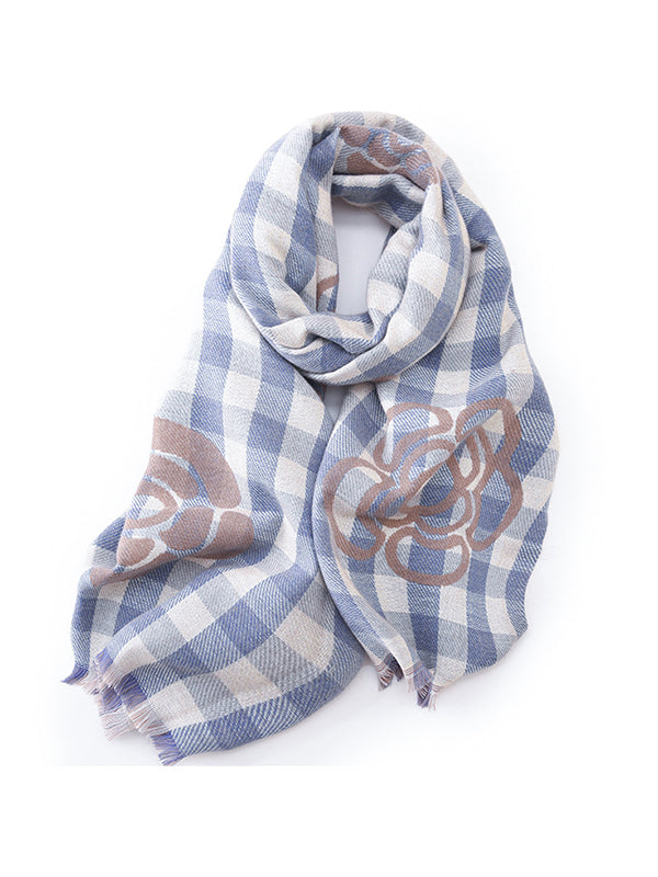 Fringed Keep Warm Knitted Flower Plaid Shawl&Scarf