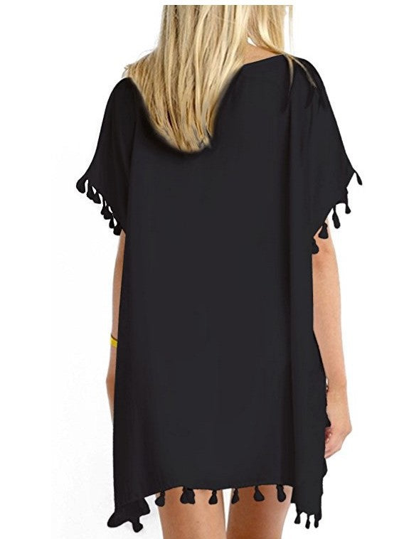 Crewneck Chiffon Fringed Dress Loose Fit Beach Blouse