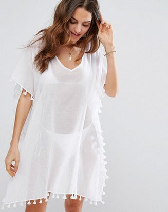 Crewneck Chiffon Fringed Dress Loose Fit Beach Blouse