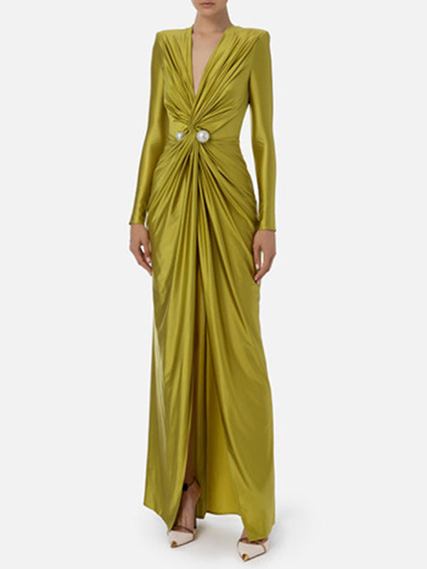 Bodycon Long Sleeves Pleated Solid Color Split-Front Tied Waist Deep V-Neck Maxi Dresses