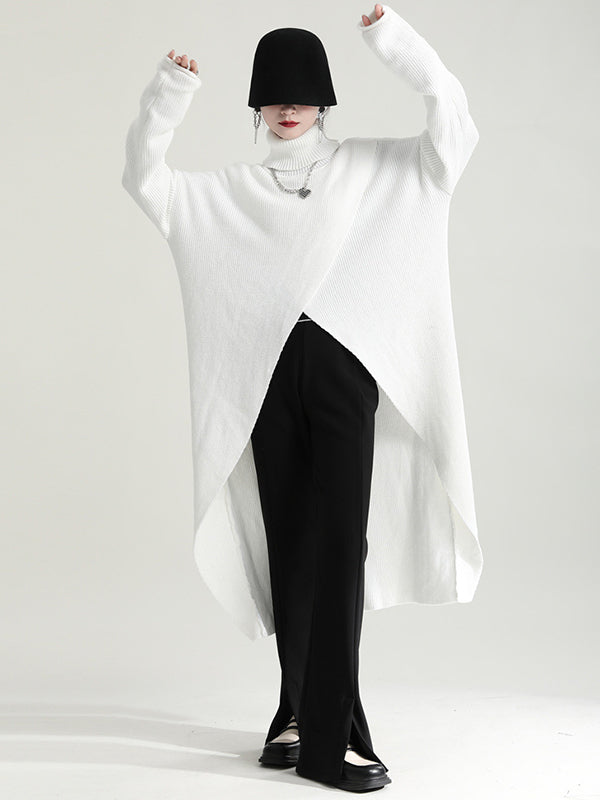 Original High-Low Asymmetric Knitting Dress High-Neck Sweater Dress