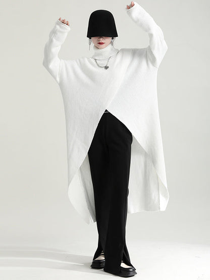 Original High-Low Asymmetric Knitting Dress High-Neck Sweater Dress
