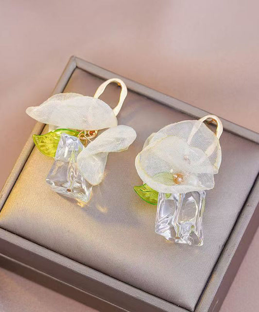 Classy Gold Acrylic Overgild Tulle Floral Hoop Earrings