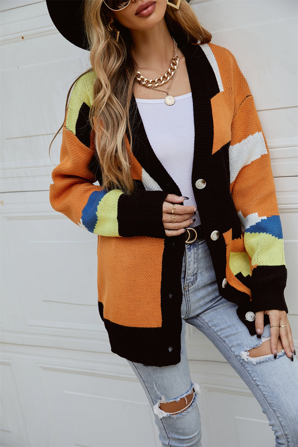 Knitted Street Lazy Single-Breasted Stitching Fashionable Sweater Coat