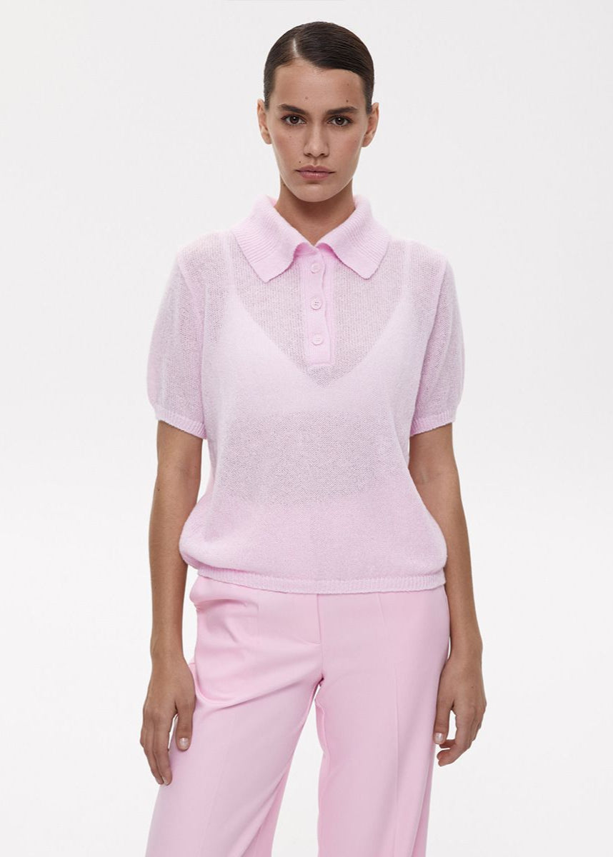 Textured Knit Polo Top In Soft Pink