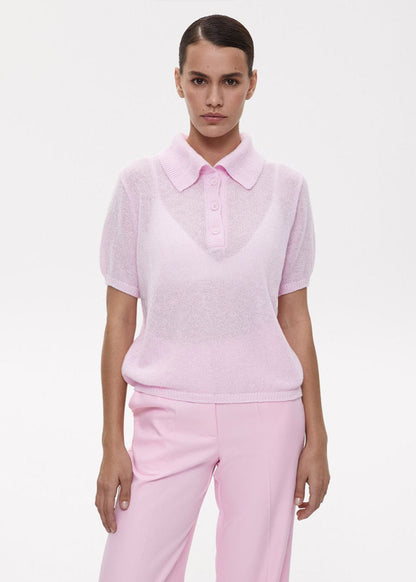 Textured Knit Polo Top In Soft Pink