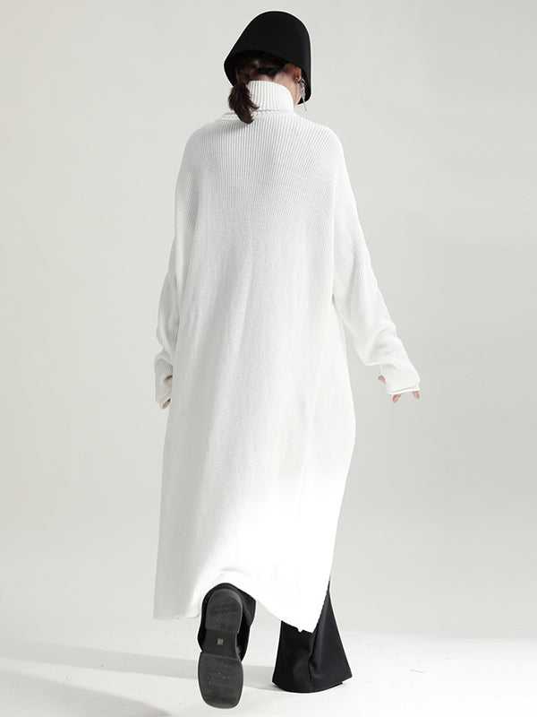 Original High-Low Asymmetric Knitting Dress High-Neck Sweater Dress