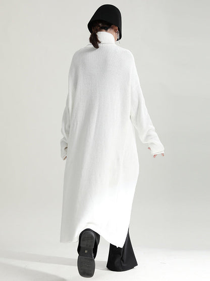 Original High-Low Asymmetric Knitting Dress High-Neck Sweater Dress