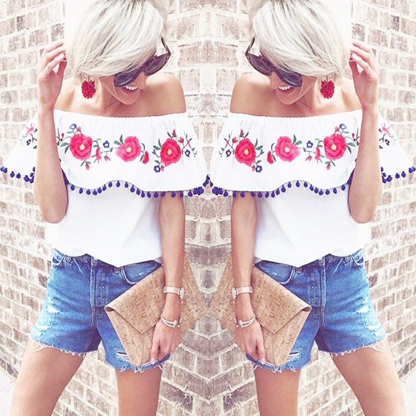 Pompom Off The Shoulder Ruffles Short Sleeve Loose Blouse Tops