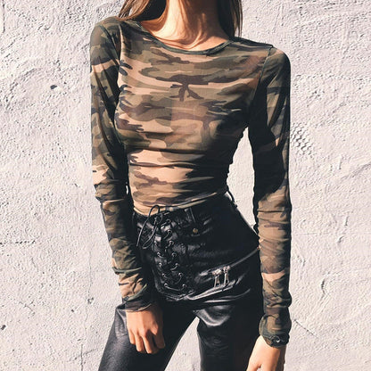 Women's Camouflage Mesh Long Sleeve T-Shirt Trendy Streetwear