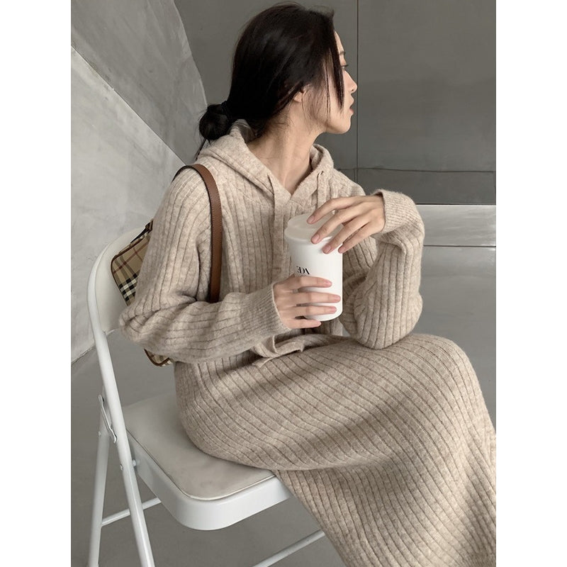 Simple Loose Long Sleeves Drawstring Solid Color Hooded Sweater Dresses