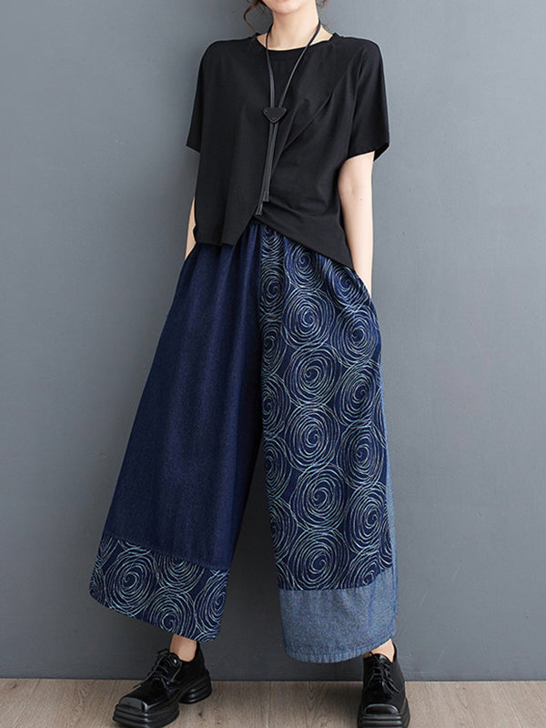 High Waisted Loose Asymmetric Elasticity Printed Split-Joint Jean Pants Bottoms